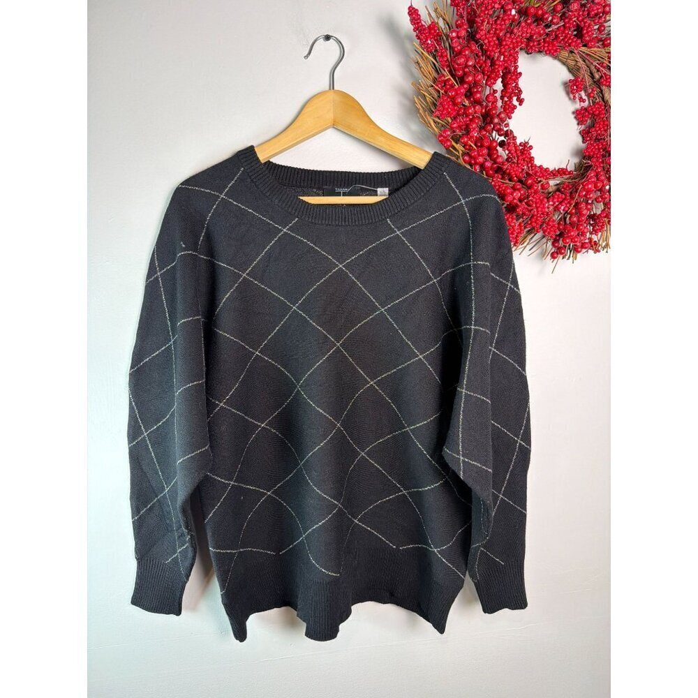 Tahari T Womens Crewneck Sweater Knit Top Academia XTRA-LARGE Argyle Black